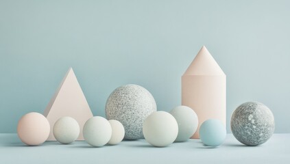 Pastel geometric shapes arranged on a light blue background