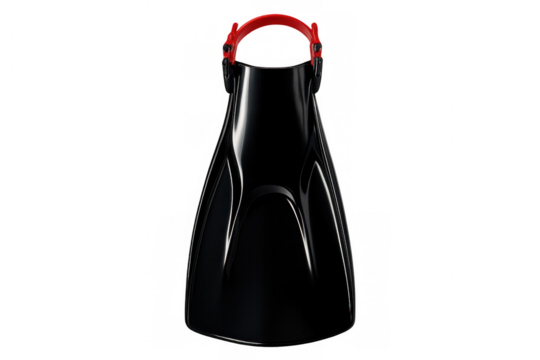 Close-up of black diving fins featuring a red strap, isolated on a transparent background, ready for underwater exploration