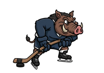 Cartoon Boar Mascot Playing Hockey On Ice Isolated Illustration