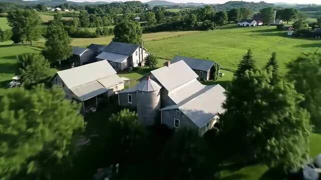 Aerial view of a rural farm house and outbuildings surrounded by green fields