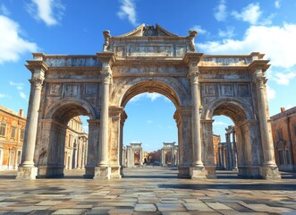 Obraz premium Ancient Roman archway leading to a plaza with classical architecture.