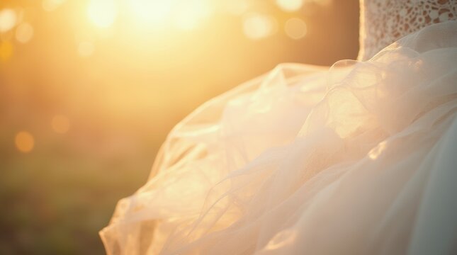 Macro detail of white tulle texture with golden sunlight creating soft dreamy bokeh effect

