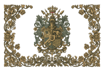 An Illustration Of An Antique Heraldic Coat Of Arms Design In Gold On Black Background