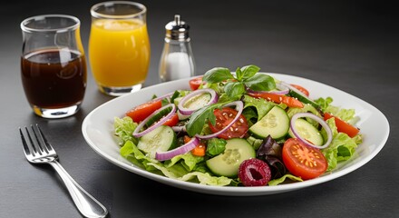 Healthy Fresh Salad with Cucumbers, Tomatoes, and Red Onions Served with Juice on a Table