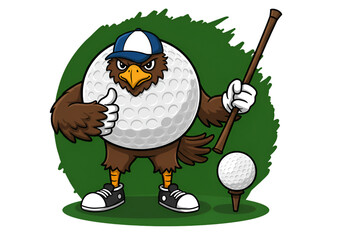 Cartoon Eagle Golfing Illustration with Green Background and White Ball