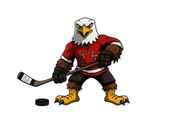 Cartoon Eagle Mascot Hockey Player With Red Outfit And Black Background