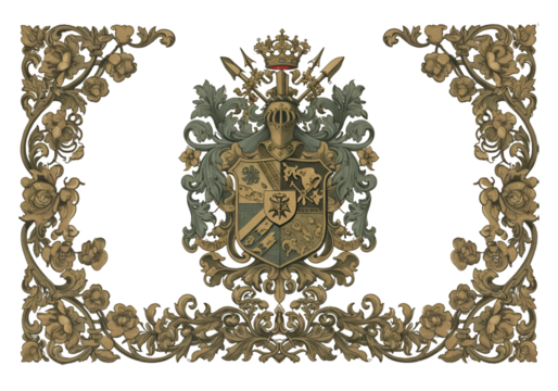An Illustration Of An Antique Heraldic Coat Of Arms Design In Gold On Black Background
