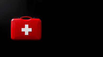 Obraz premium A bright red first aid kit is prominently displayed against a dark background, symbolizing safety, care, and readiness for emergencies in a modern and sleek design.