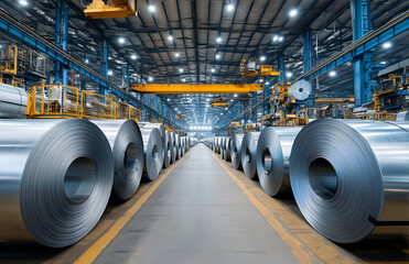 Cold Rolled Steel Coils Arranged In Rows Inside A Bright Blue Industrial Manufacturing Facility With Cranes
