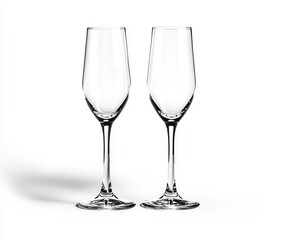 Two clear champagne flutes, empty, against a white background