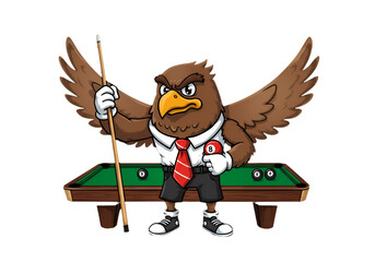 Cartoon Illustration Eagle Playing Pool with Cue and Balls on Green Table