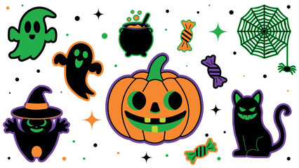 Cute Halloween vector set with pumpkin, ghosts, black cat, witch, spiderweb, candies and cauldron. Perfect for kids party decor, stickers, cards, and prints.