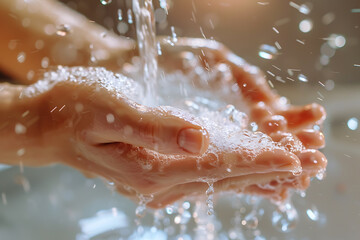 Fototapeta premium 流水で手を丁寧に洗う清潔感のあるクローズアップ