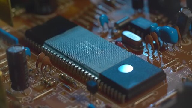 Lines of program code moves on a microchip in a circuit board, symbolizing the operation of an electronic device. Closeup. Macro. Follow focus. Shallow depth of field