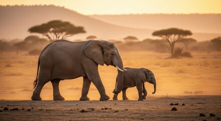 Fototapeta premium Mother and Baby Elephant in Sunset – Emotional Wildlife Wallpaper HD for Desktop