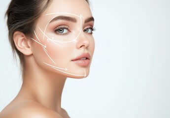 Beautiful woman's face with cosmetic surgery lines for aesthetic treatments and beauty enhancements