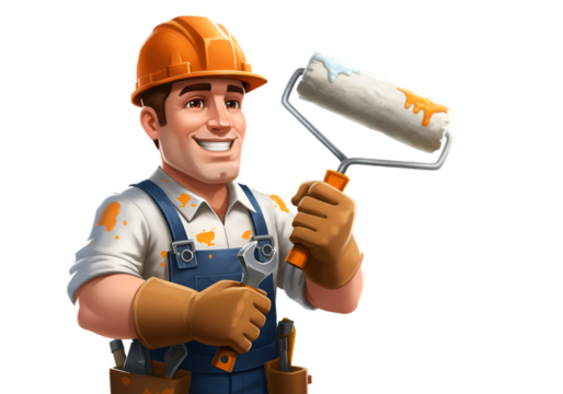 Cartoon Painter Character Illustration With Orange Helmet And Paint Roller Tool