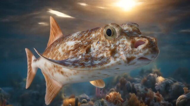 Animated Underwater Fish with Brown and Orange Body in Sunny Environment