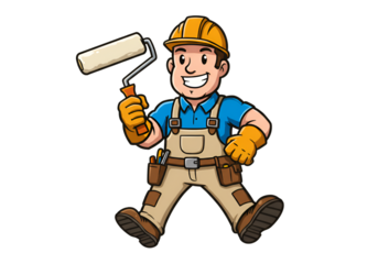 Cartoon Illustration of a Builder Holding a Paint Roller on Transparent Background