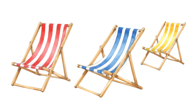 Beach Chairs Illustration On Transparent Background With Red Blue And Yellow Stripes