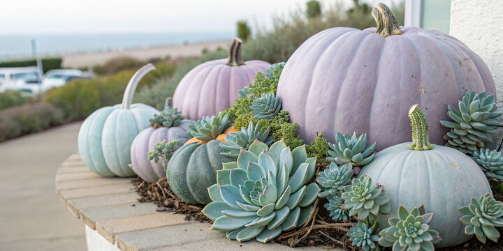 Pastel colored pumpkins and succulents are arranged on a low wall, creating a unique and stylish halloween decoration with a beach atmosphere in the background