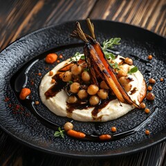 Charred roasted carrots and spiced chickpeas, a swirl of cream cheese on a black, textured plate. The balsamic vinaigrette drips. caramelized carrots and creamy cheese. The dark wooden backdrop