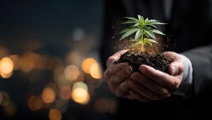 Businessman holds a cannabis seedling in cupped hands