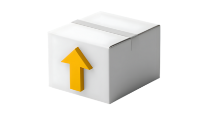 White cardboard box with yellow upward arrow isolated on transparent background