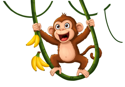 Cartoon Illustration Of A Smiling Monkey Playing With Bananas On A Vine - Powered by Adobe