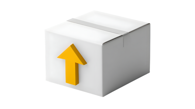 White cardboard box with yellow upward arrow isolated on transparent background