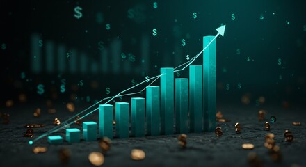 3D Render of Ascending Teal Bar Graph with Rising Dollar Signs Illustrating Financial Growth and Investment Success