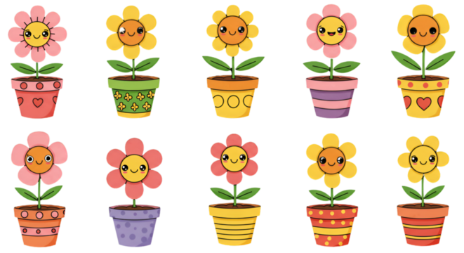 Cartoon Smiling Flowers In Pots Illustration With Transparent Background - Powered by Adobe