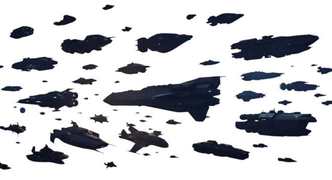 Fleet Of Space Ships Silhouetted Against Dark Isolated Background Illustration