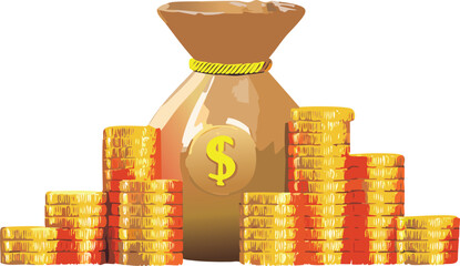 Gold money bag with stacked coins isolated on white background	