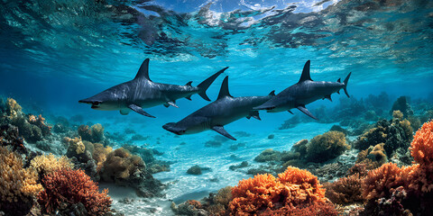 Obraz premium Three Hammerhead Sharks Swimming Over Vibrant Coral Reef in Blue Ocean