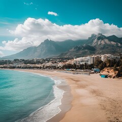 Beautiful panoramic view of the beach coast and mountains on the background 