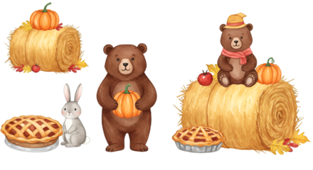 Autumn Illustration With Bears Pumpkins Rabbit Pie And Hay Bales