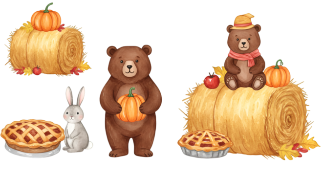 Autumn Illustration With Bears Pumpkins Rabbit Pie And Hay Bales