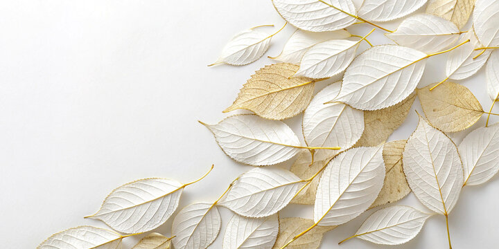 White and gold autumnal leaves are arranged on a pristine white background, creating a serene and minimalist atmosphere perfect for evoking the tranquility of the fall season