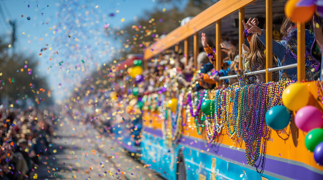 Pensacola Mardi Gras Parade Float Showering Streets with Beads and Confetti from Vibrant Celebratory Procession