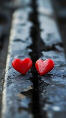 Two Shiny Red Hearts Resting on Dark Textured Surface, Closeup Detailed Shot