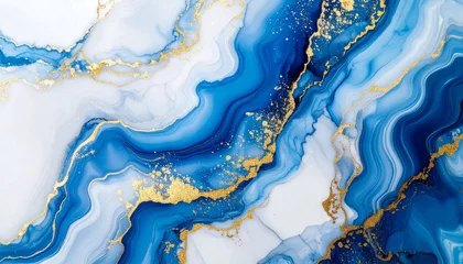 Wall murals abstract close-up of epoxy resin surface with swirling blue and gold pigments, glossy