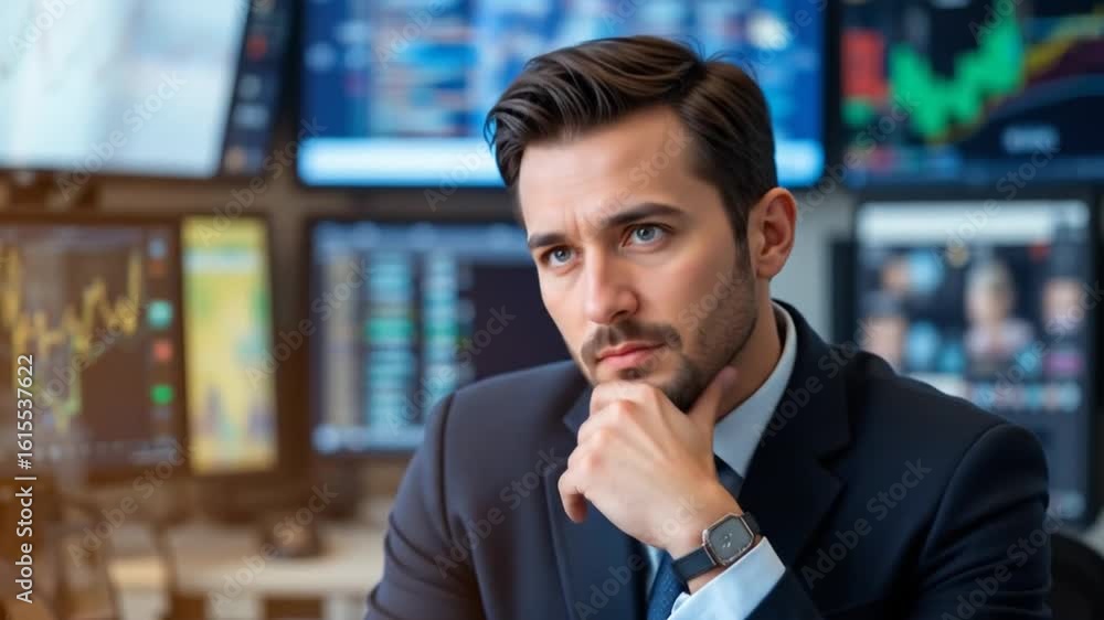 Poster thoughtful stock market trader analyzing financial data on multiple screens