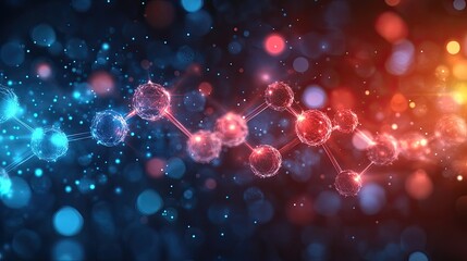 Abstract glowing red and blue molecular structure.