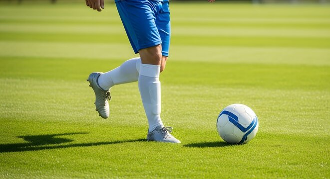 Football Athlete in action Close-up of a soccer player's footwork and ball control on a vibrant green sports field.