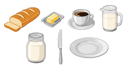 Simple breakfast illustration with bread, coffee, butter, and milk.