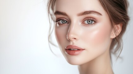 Naklejka premium Elegant beauty portrait showcases flawless skin and captivating eyes for skincare or makeup campaign