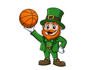 Cartoon Leprechaun Holding Basketball Illustration On Black Background