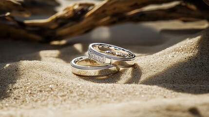 Two Silver Wedding Rings with Diamonds on Sand and Driftwood in Sunlight