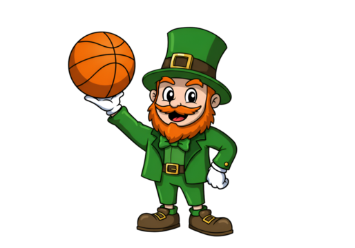 Cartoon Leprechaun Holding Basketball Illustration On Black Background